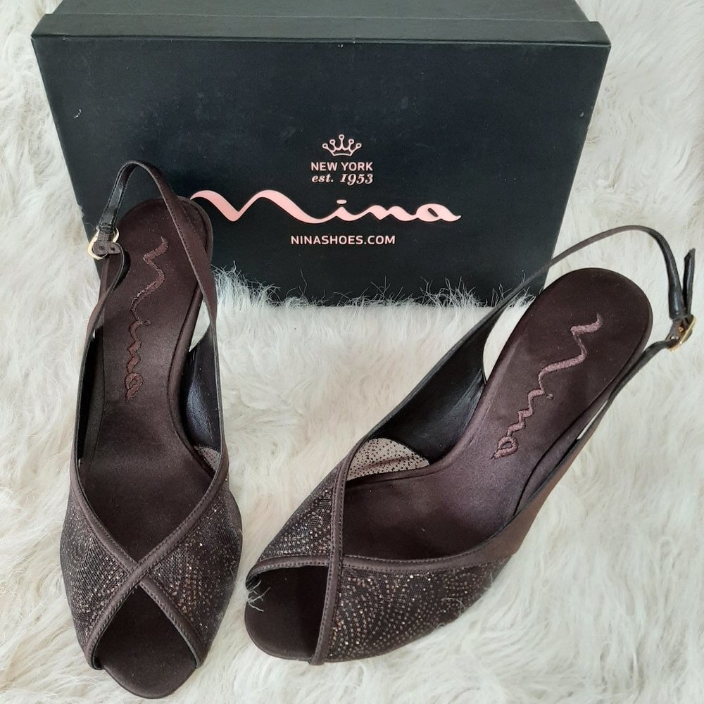 Nina New York Women's Chocolate Brown Satin&Net Fabric High Heel Shoes 9M